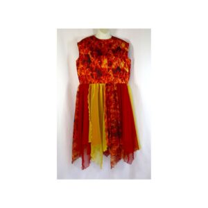 Fire Overlay w/Sheer & Satin double skirts - Superposición con estampado de llamas y doble falda de tejido transparente y satén.