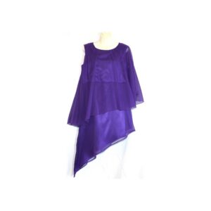 Purple One-Sleeve Satin Sheer Overlay w/ Asymmetrical Double Skirt - Vestido morado de satén con una sola manga, capa superpuesta transparente y doble falda asimétrica.