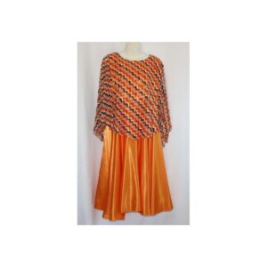 Brown/Orange Sheer Angel-Wing Cape Over an Orange Satin Circle Skirt Overlay M 35" bust - Capa semitransparente marrón y naranja con diseño de alas de ángel sobre falda circular superpuesta de satén naranja (talla M, busto de 35 pulgadas).