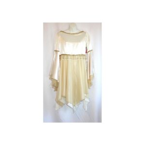 Ivory and Cream Dress with Bell Sleeves & Double Square Skirts and Long Bead Trim XS 31" bust - Vestido color marfil y crema con mangas acampanadas, falda de doble capa cuadrada y ribete largo de cuentas (talla XS, busto de 31 pulgadas).