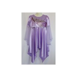Satin Overlay w/ Purple/Silver Brocade Sword Pattern, Sheer Full-Flounce Sleeve, & Silver Trim - Sobrecapa de satén con estampado de espadas en brocado morado y plateado, manga transparente con volante completo y ribete plateado.